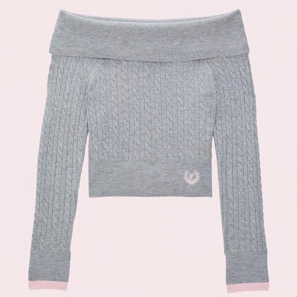 VS PINK x LoveShackFancy Oﬀ-the-Shoulder Sweater - Heather Grey - W's Size L